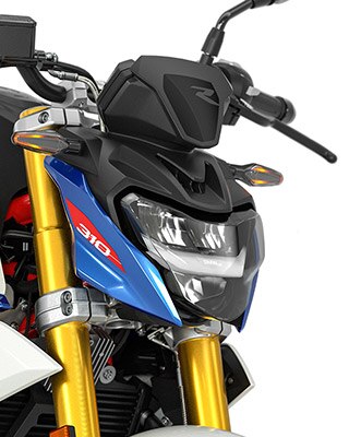 We see the standard DEL headlights and indicators of the G 310 R.