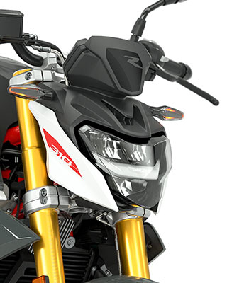 We see the standard DEL headlights and indicators of the G 310 R.