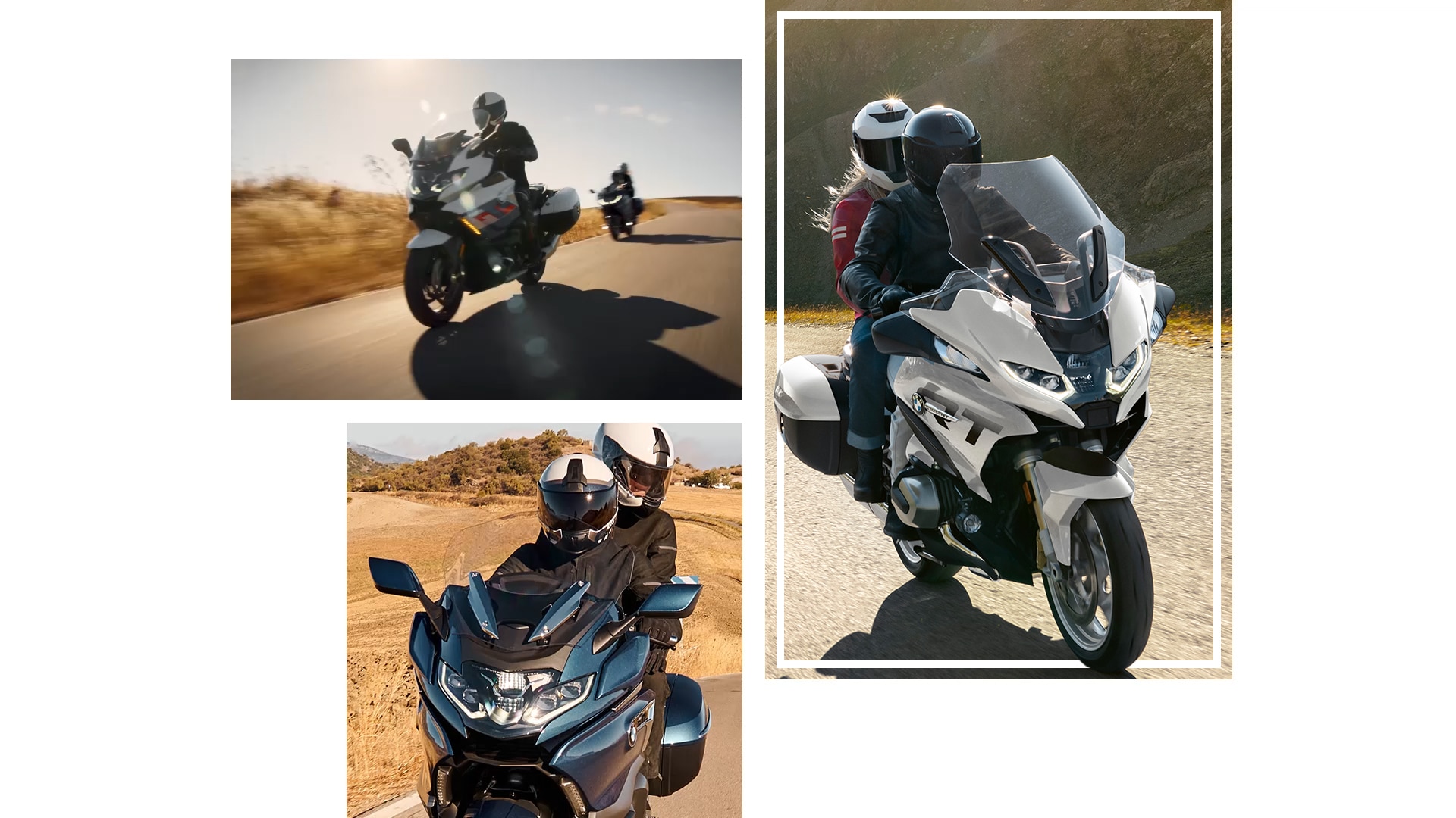 Shots of moving BMW Motorrad touring bikes.